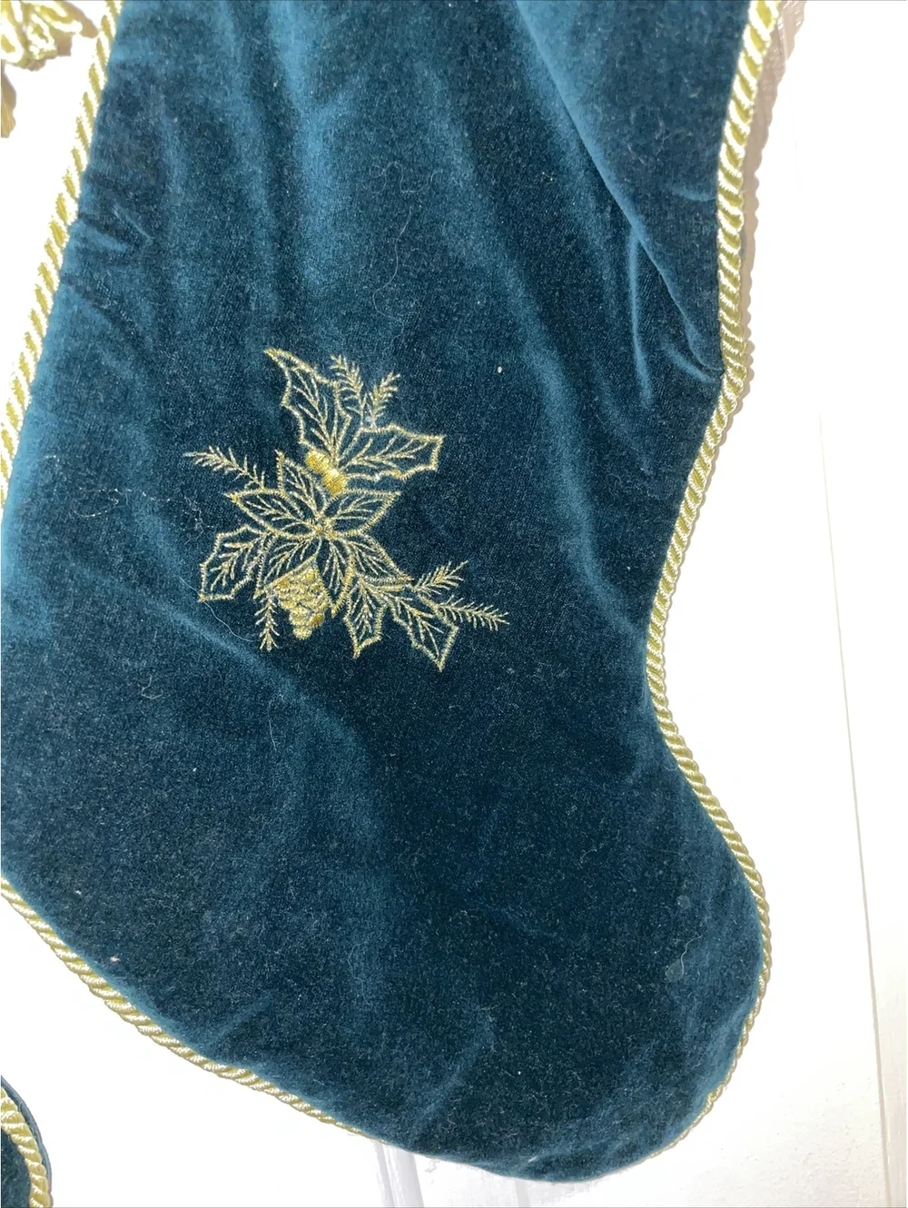 Velvet Green Christmas Stockings Gold Cord Trim Gold Stitched Bird Poinsettias